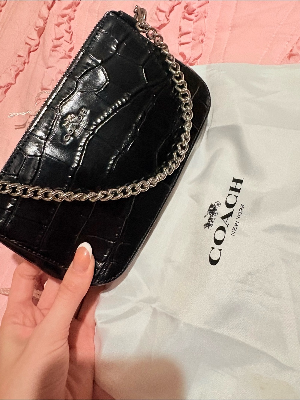 Nolita 19 Coach Black Croc-Embossed Leather Crossbody with Silver Chain